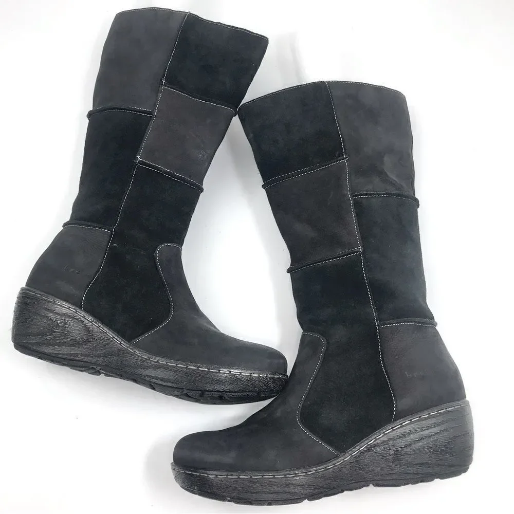 B.O.C. Black Suede Leather Patchwork Side Zip Wedge Heel Tall Boots